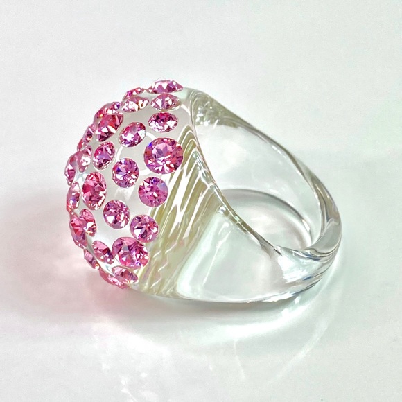 Pink Swarovski Crystal Acrylic Dome Ring, Lucite Clear Statement Ring - Picture 5 of 13